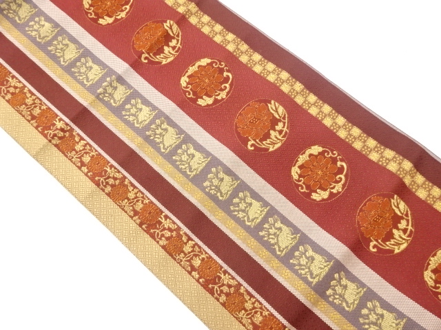 本場筑前博多縞に草花・角倉文模様織出し名古屋帯